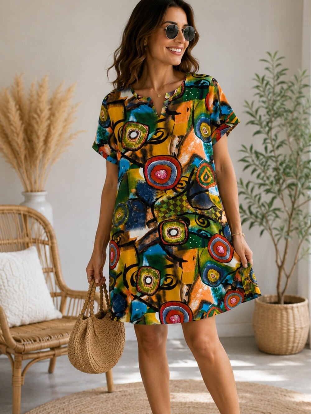 Colorful Abstract Cotton Tunic Top | Oversized Art Print Blouse XL-2XL